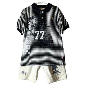 Wes And Willy Ivory And Blue Striped Nautical Pirate Polo Shirt Short Set Size 6